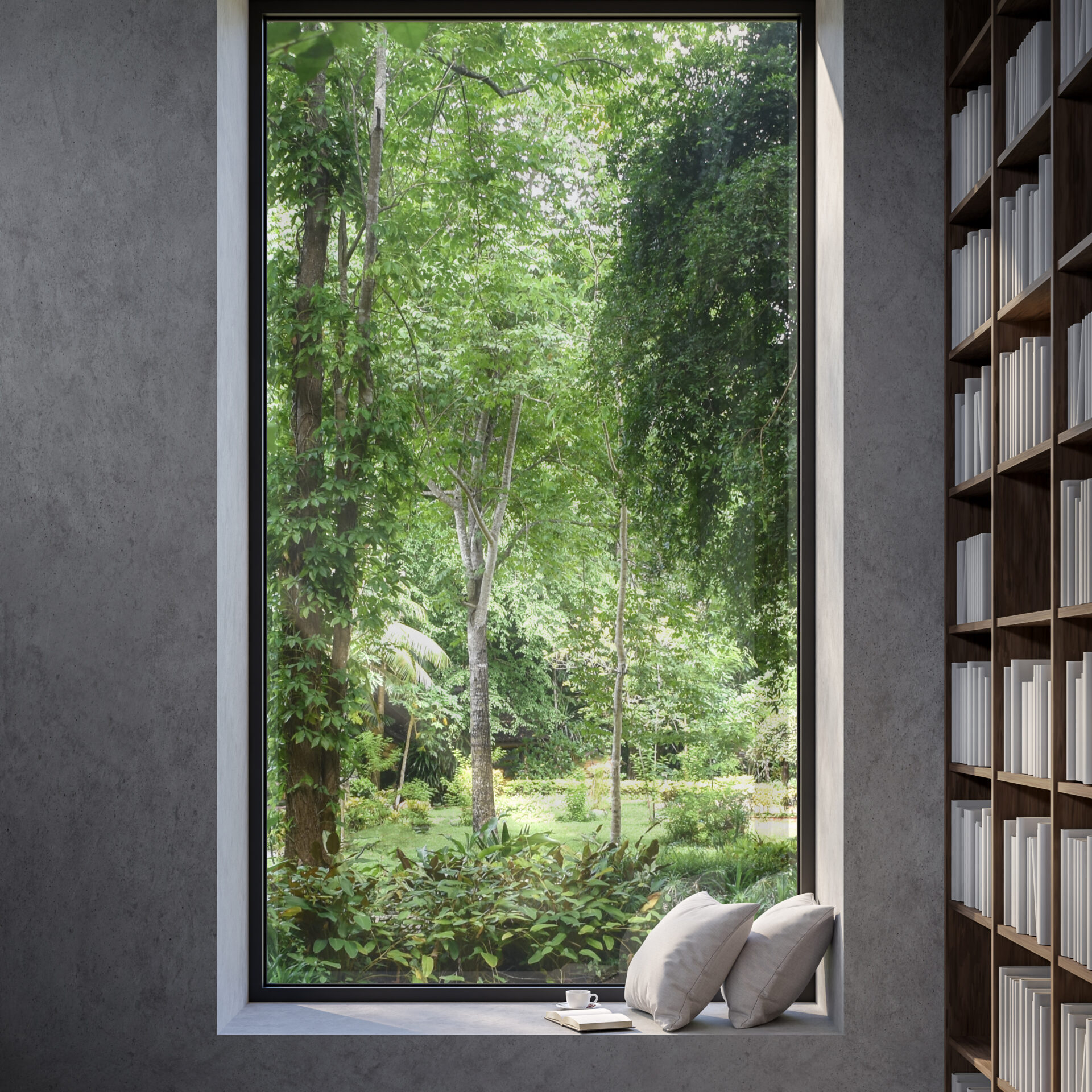 Reading corner by the window with nature view 3d render Reading corner by the window with nature view 3d render there are concrete wall decorated with wooden bookshelves